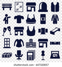 Front icons set. set of 25 front filled icons such as garden bench, vending machine, level ruler, door, window, mannequin, sport bra, blouse, sleeveless shirt, businessman