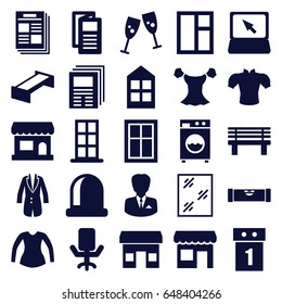 Front icons set. set of 25 front filled icons such as garden bench, level ruler, door, window, blouse, news, bench, laptop, jacket, washing machine, businessman, office chair