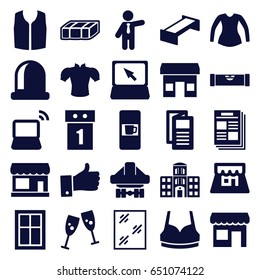 Front icons set. set of 25 front filled icons such as garden bench, vending machine, store, level ruler, window, sport bra, blouse, sleeveless shirt, businessman, news