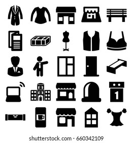 Front icons set. set of 25 front filled icons such as garden bench, vending machine, level ruler, door, window, mannequin, sport bra, blouse, sleeveless shirt, businessman