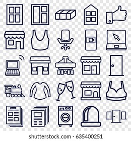 Front icons set. set of 25 front outline icons such as vending machine, garden bench, door, window, sport bra, blouse, locomotive, cargo plane back view, laptop, thumb up