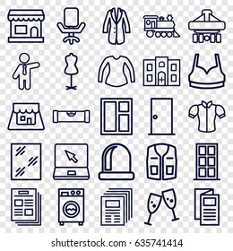 Front icons set. set of 25 front outline icons such as level ruler, door, window, mannequin, sport bra, blouse, sleeveless shirt, businessman, news, locomotive