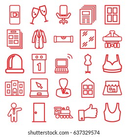 Front icons set. set of 25 front outline icons such as vending machine, level ruler, door, window, mannequin, sport bra, businessman, locomotive, cargo plane back view, laptop
