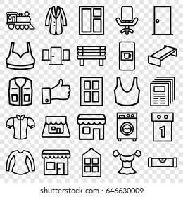 Front icons set. set of 25 front outline icons such as vending machine, garden bench, level ruler, door, window, sport bra, blouse, sleeveless shirt, bench, locomotive, jacket