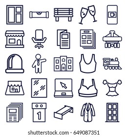 Front icons set. set of 25 front outline icons such as vending machine, garden bench, level ruler, door, window, sport bra, blouse, businessman, news, bench, locomotive