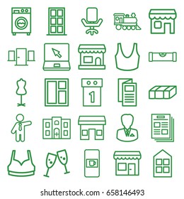 Front icons set. set of 25 front outline icons such as vending machine, garden bench, level ruler, door, window, mannequin, sport bra, businessman, news, locomotive, laptop