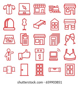 Front icons set. set of 25 front outline icons such as store, garden bench, level ruler, door, window, mannequin, sport bra, blouse, businessman, news, locomotive, laptop