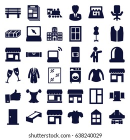 Front icons set. set of 36 front filled icons such as garden bench, vending machine, store, level ruler, door, window, mannequin, blouse, sleeveless shirt, businessman, bench