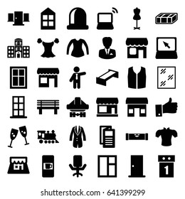 Front icons set. set of 36 front filled icons such as garden bench, vending machine, store, level ruler, door, window, mannequin, blouse, sleeveless shirt, businessman, news