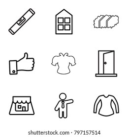 Front icons. set of 9 editable outline front icons such as window, blouse, businessman, thumb up, shop, garden bench, level ruler