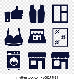 Front icons set. set of 9 front filled icons such as window, sport bra, sleeveless shirt, thumb up, shop, washing machine