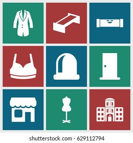 Front icons set. set of 9 front filled icons such as garden bench, level ruler, door, mannequin, sport bra, hospital building, jacket, shop