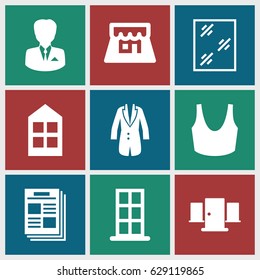 Front icons set. set of 9 front filled icons such as door, window, sport bra, jacket, shop, businessman