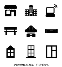 Front Icons Set. Set Of 9 Front Filled Icons Such As Level Ruler, Door, Window, Bench, Cargo Plane Back View, Laptop, Hospital Building