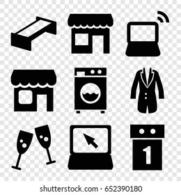Front icons set. set of 9 front filled icons such as garden bench, laptop, jacket, shop, washing machine, store, washing machine on sale