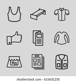 Front icons set. set of 9 front outline icons such as garden bench, sport bra, blouse, sleeveless shirt, news, thumb up, shop