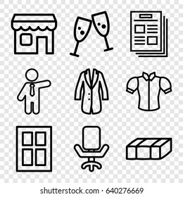 Front icons set. set of 9 front outline icons such as garden bench, window, blouse, businessman, jacket, shop, office chair, glasses clink