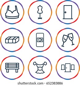 Front icons set. set of 9 front outline icons such as vending machine, garden bench, door, mannequin, sport bra, blouse, bench