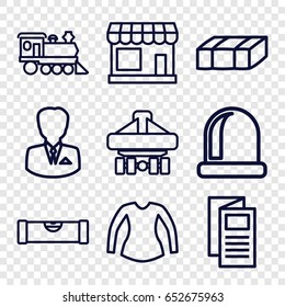 Front icons set. set of 9 front outline icons such as store, garden bench, level ruler, blouse, news, locomotive, cargo plane back view, businessman