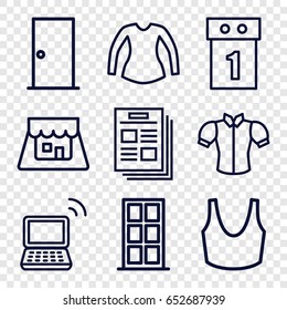 Front icons set. set of 9 front outline icons such as door, sport bra, blouse, laptop, shop, washing machine on sale