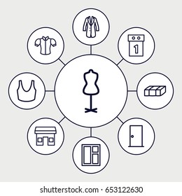 Front icons set. set of 9 front outline icons such as garden bench, door, window, mannequin, sport bra, blouse, jacket, washing machine on sale