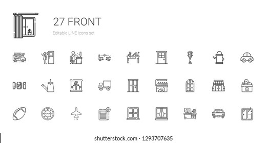 front icons set. Collection of front with desk, window, newspaper, plane, rugby, door, store, side view, watering can, windows, traffic light. Editable and scalable front icons.