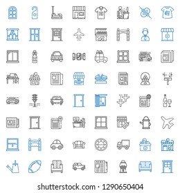 front icons set. Collection of front with door, sofa, candy machine, newspaper, car, rugby, watering can, store, desk, side view, window, entrance. Editable and scalable front icons.