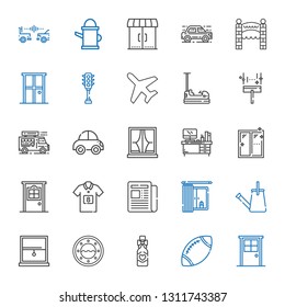 front icons set. Collection of front with door, rugby, wine bottle, window, watering can, newspaper, football jersey, desk, car, food truck. Editable and scalable front icons.