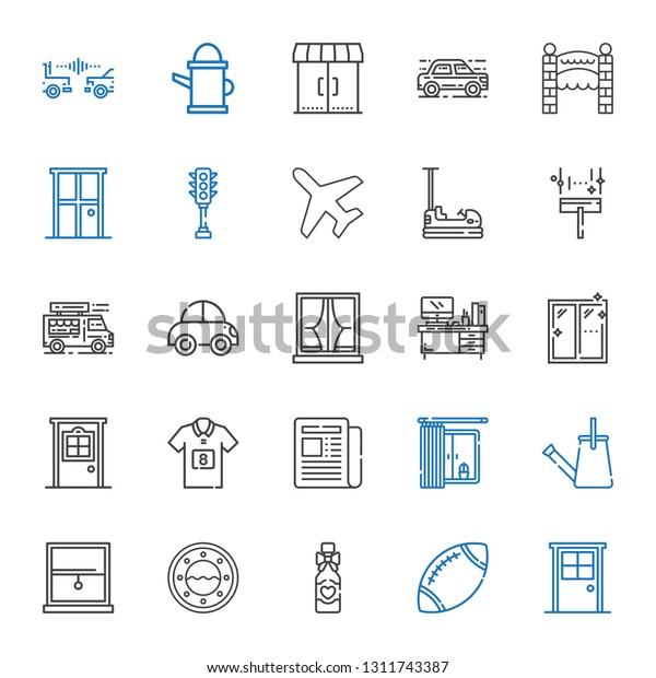 front icons
set. Collection of front with door, rugby, wine bottle, window,
watering can, newspaper, football jersey, desk, car, food truck.
Editable and scalable front
icons.