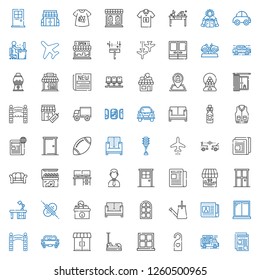 front icons set. Collection of front with newspaper, food truck, doorknob, window, bumper, entrances, car, entrance, watering can, door, sofa. Editable and scalable front icons.