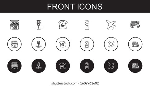 front icons set. Collection of front with store, traffic light, tshirt, doorknob, plane, food truck. Editable and scalable front icons.