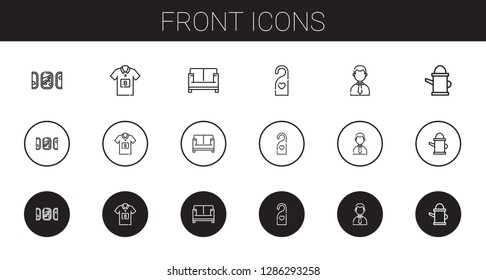 front icons set. Collection of front with windows, football jersey, sofa, doorknob, businessman, watering can. Editable and scalable front icons.
