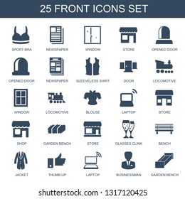 front icons. Trendy 25 front icons. Contain icons such as sport bra, newspaper, window, store, opened door, sleeveless shirt, door, locomotive. front icon for web and mobile.