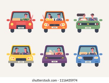 Front icons for various people driving. flat design style vector graphic illustration set