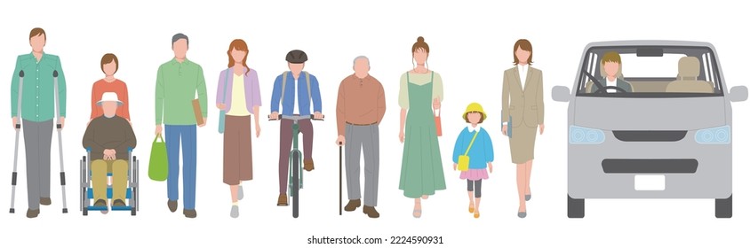 Front illustration of pedestrians and vehicles such as disabled and elderly people