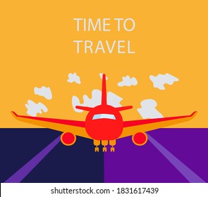 Front image of the aircraft. The plane is on the runway against the background of the sky with clouds. The inscription "time to travel" is located at the top. Contrast vector illustration for airlines