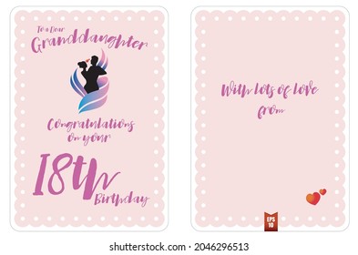 A front and inside Granddaugher 18th birthday card design, featuring dancers and heart shapes, with the message 'To a Dear Granddaughter on her 18th Birthday