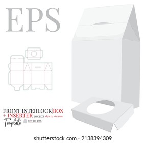 Front interlock box die cut template, vector. White, clear, blank, isolated hang tab box mock up on white background. Packaging design with 3D presentation 