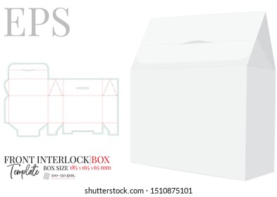 Front interlock Box, vector, template with die cut / laser cut lines. White, clear, blank, isolated Gift Box mock up on white background with perspective view