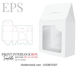 Front interlock Box with window, vector, template with die cut / laser cut lines. White, clear, blank, isolated Gift Box mock up on white background with perspective view