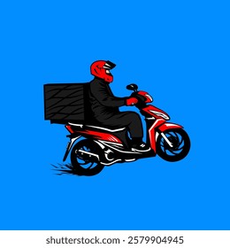 front jumping band package delivery motorcycle rider traveling at high speed vector illustration