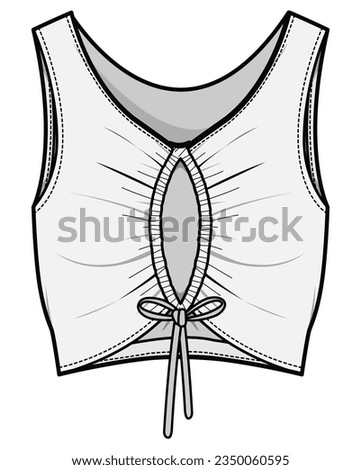 Front Keyhole Drawstring Sleeveless Crop Top Front and Back View. Fashion Illustration, Vector, CAD, Technical Drawing, Flat Drawing, Template, Mockup.