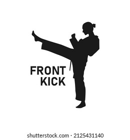 Silhouette de patada delantera. Logo de Karate. Icono, signo o símbolo de artes marciales. Movimiento Taekwondo. Técnica de autodefensa. Ilustración vectorial en blanco y negro.