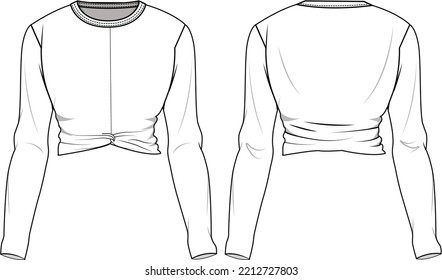 Front Knot Hem Long Sleeve Crop Top Front and Back View. Fashion Illustration, Vector, CAD, Technical Drawing, Flat Drawing, Template, Mockup.