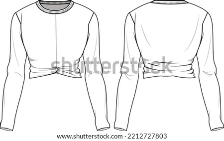 Front Knot Hem Long Sleeve Crop Top Front and Back View. Fashion Illustration, Vector, CAD, Technical Drawing, Flat Drawing, Template, Mockup.