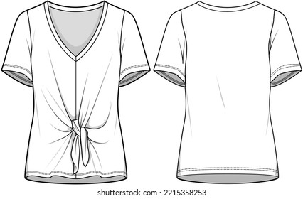 Front Knot V-neck Short Sleeve Top, Blouse Front and Back View. Fashion Illustration, Vector, CAD, Technical Drawing, Flat Drawing, Template, Mockup.	