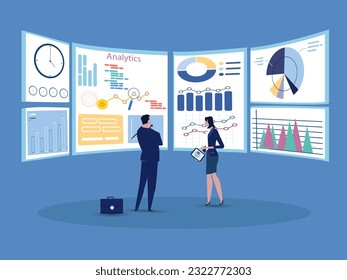 in front of a large screen for data analysis. vector illustration.
