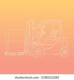 Front Left Side View Line Vector Drawing Of Warehouse Forklift Truck. Handling Box To Logistic Shipping Warehouse. Continuous Line Drawing.