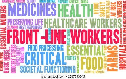 Front Line Workers word cloud on a white background. 
