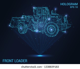 Front loader hologram. Digital and technological background of the front loader. The futuristic design of the front loader